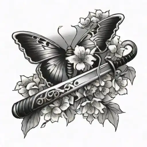 Cherry Blossom Wrapped Around A Sword And A Butterfly On Handle