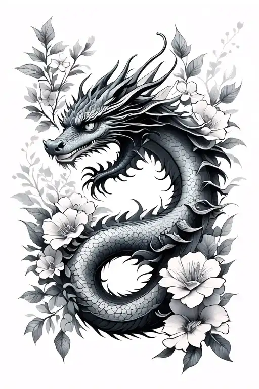 Dragon And Flowers Fine Line Tattoo Female