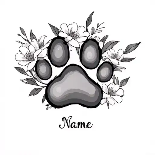 Dog Paw Outline With Flowers With Name Written Inside