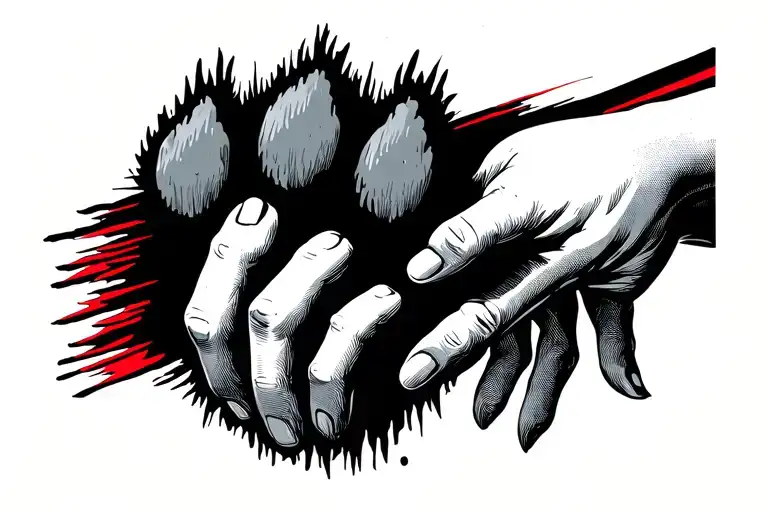 Paw Print United To A Hand Reaching By A Red Line