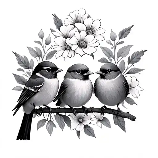 3 Little Birds With Birth Month Flowers
