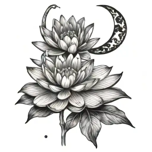 Water Lily And Waning Crescent Moon