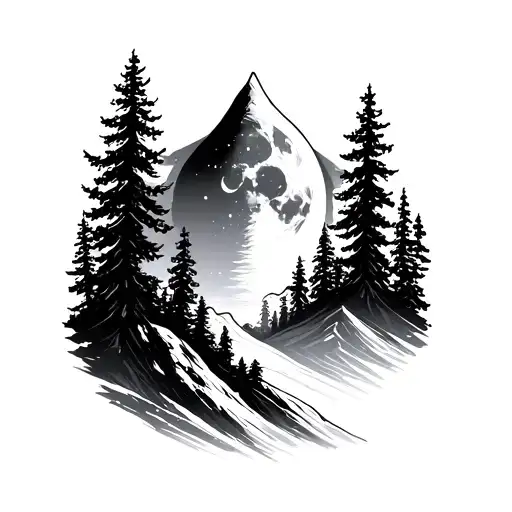 Mountain With Moon And Trees