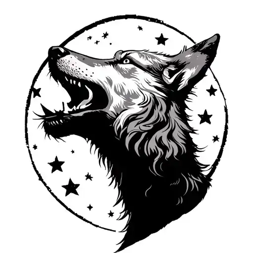 Crossstitch Wolf Howling At The Moon Surrounded By Stars