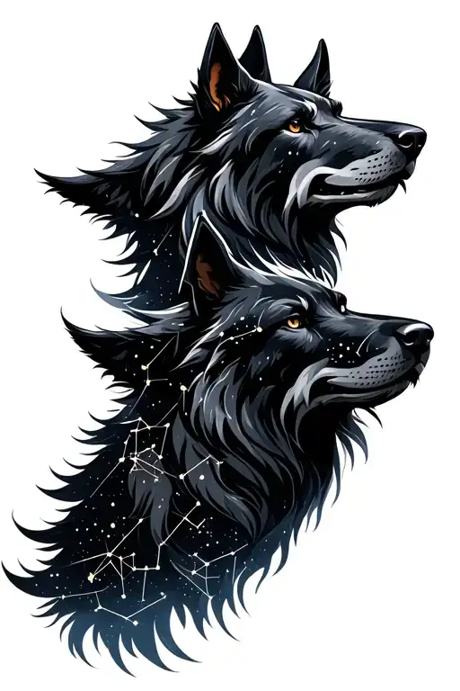 Solid Black Wolves With Constellations In Their Shadows