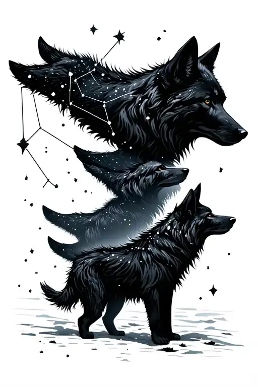 Small Solid Black Wolves In A Pack With Constellations In Their Shadows