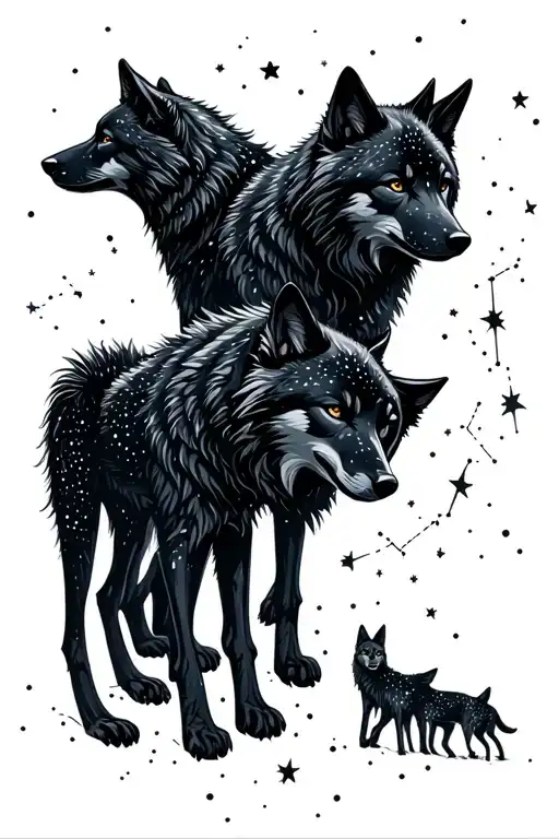 Small Solid Black Wolves In A Pack With Constellations In Their Shadows