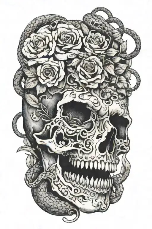 Snake Entering Skull Through Mouth And Leaving Through The Eyes With Flowers Around The Skull