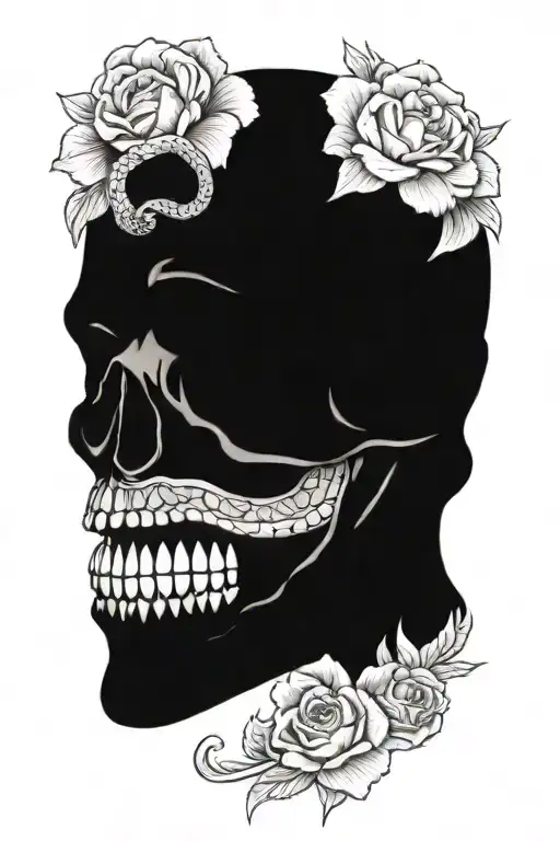 Snake Entering Skull Through Mouth And Leaving Through The Eyes With Flowers Around The Skull