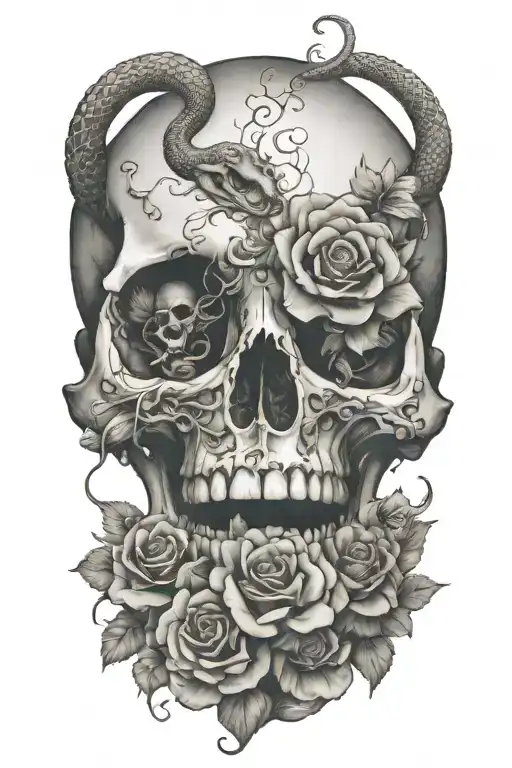 Snake Entering Skull Through Mouth And Leaving Through The Eyes With Flowers Around The Skull