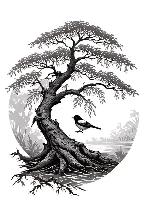 Willow Tree And A Magpie Perched