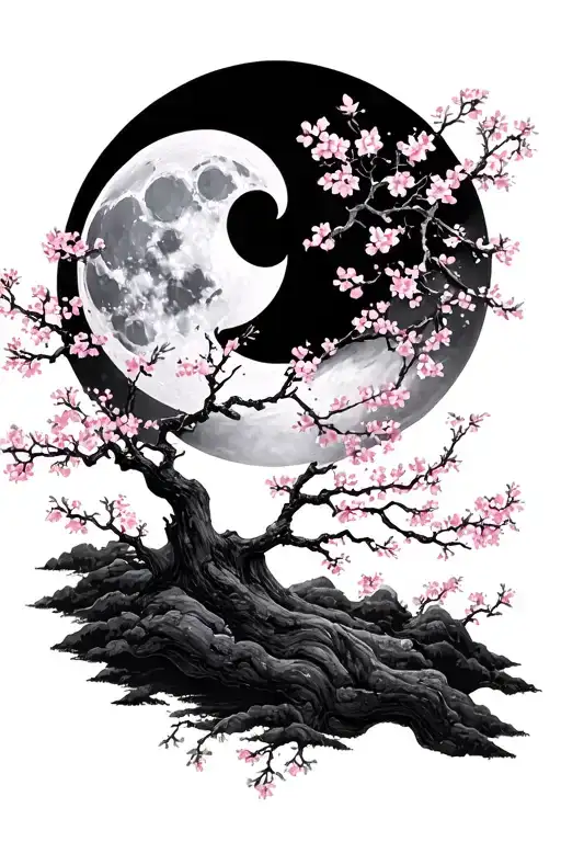 Moon W Cherry Blossom Tree Surrounded