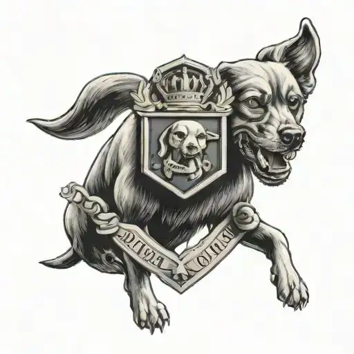 A Black-grey Tattoo Of A Military Badge With A Silhouette Of A Dog Lifting Weights