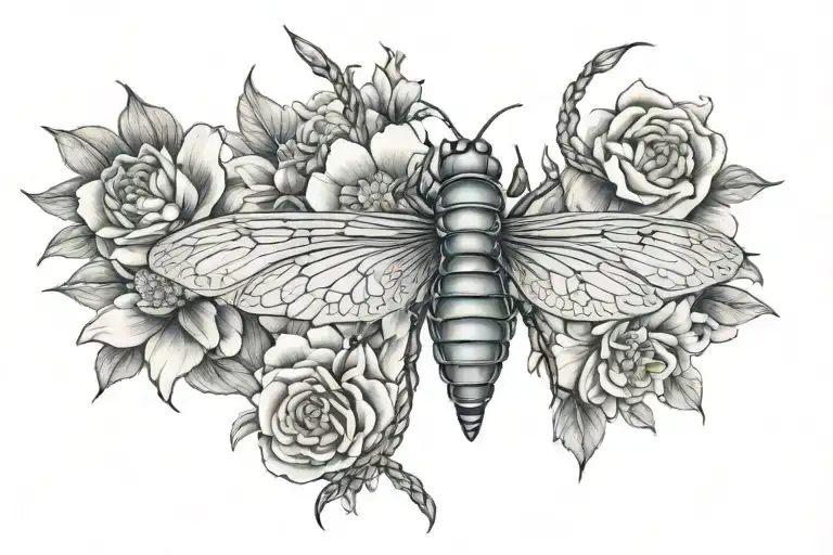 Dragon Fly Turtle Flowers Intertwined