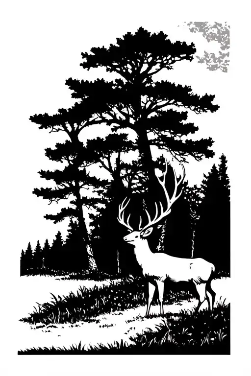 Whitetail Deer Standing In Distance Surrounded By Oak Trees