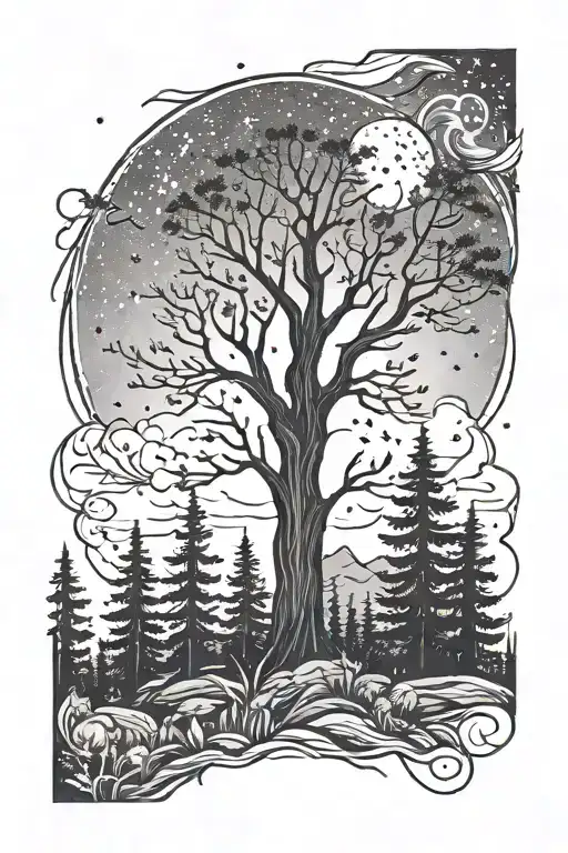 Stars Moon Night Sky Fireflies Woodlands Pine Trees