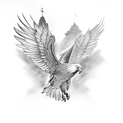 A Realistic Black-grey Tattoo Of A Majestic Eagle Flying Over The City Of London