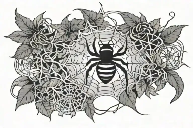 Spider Web Coved Leafy Vines With Bee In The Middle