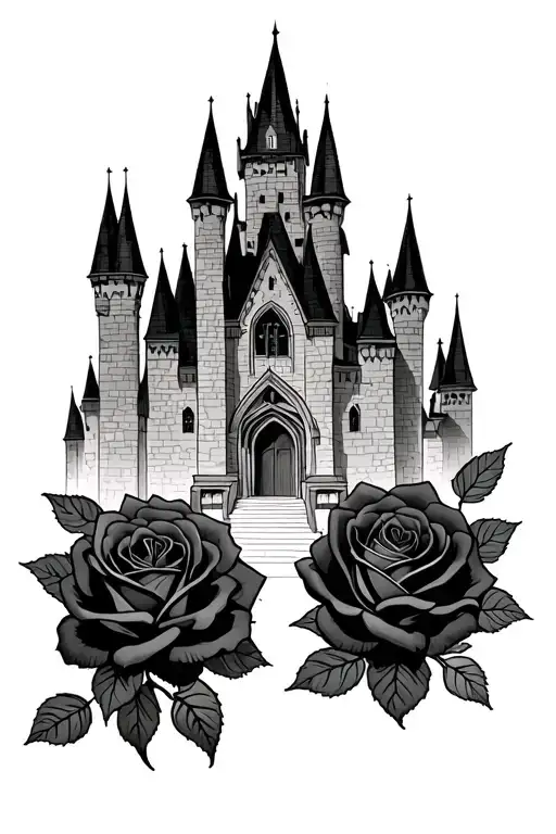 Black Roses In Front Of Gothic Castle