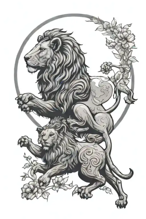 Lion And Ram In Love Inside A Moon Outline