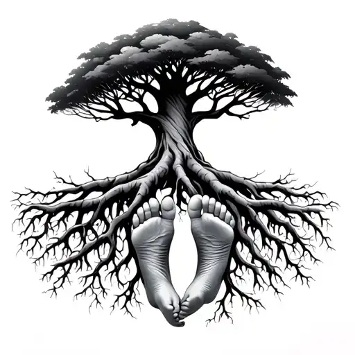 Tree With Long Roots Connecting Baby's Feet Prints