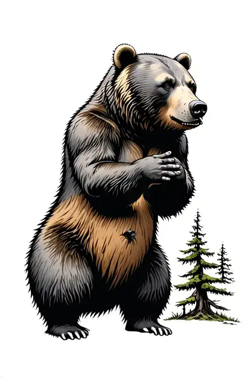 Bear Standing On Hind Legs Pawing At A Tree Made