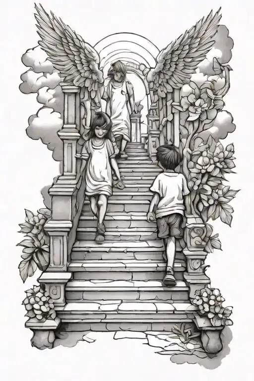 Girl And Boy Walking To Heaven On Stairs