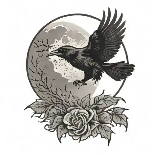 Moon And Crow Flying