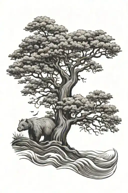 Waves Crashing Into An Oak Tree With A Bear Sitting Peacefully Under The Tree