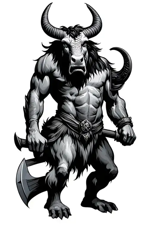 Symbolic Minotaur Standing On 2 Legs With An Axe In Hand