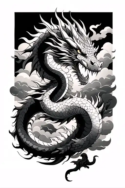 Japanese Dragon Full Body With Clouds Surrounding More Detailed And With Shadows