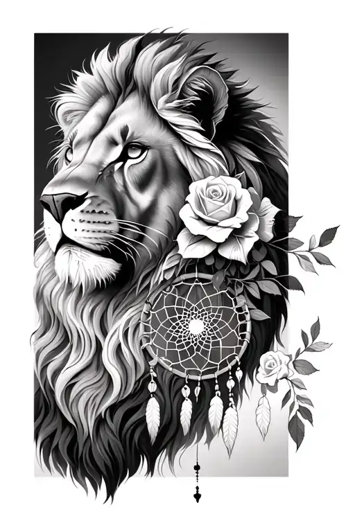 Lion With Dream Catcher And White Roses