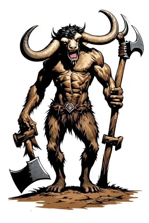 Minotaur Standing On 2 Legs With An Axe In Hand With Sneer On Face