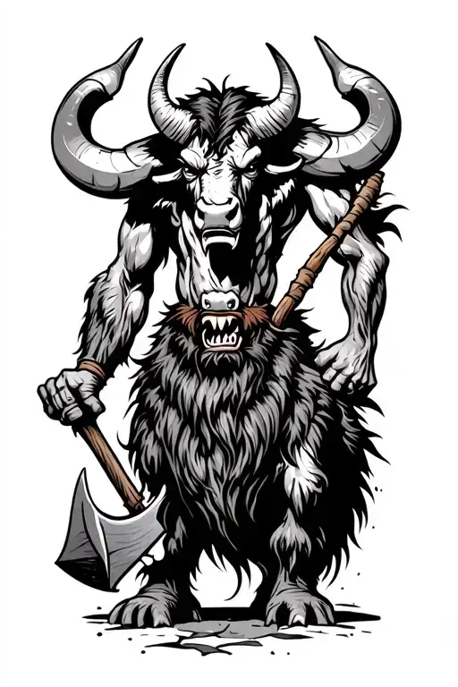 Minotaur Standing On 2 Legs With An Axe In Hand With Sneer On Face