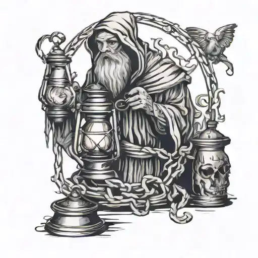 The Hermit Tarot Card Where He's Holding An Old Lantern And Standing On Skulls