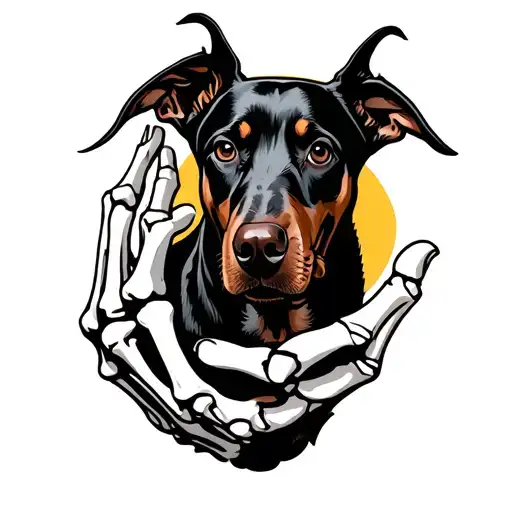 Skeleton Hand With Doberman Dog