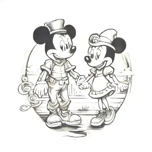 Father And Daughter In The Style Of Walt And Mickey Mouse Holding Hands