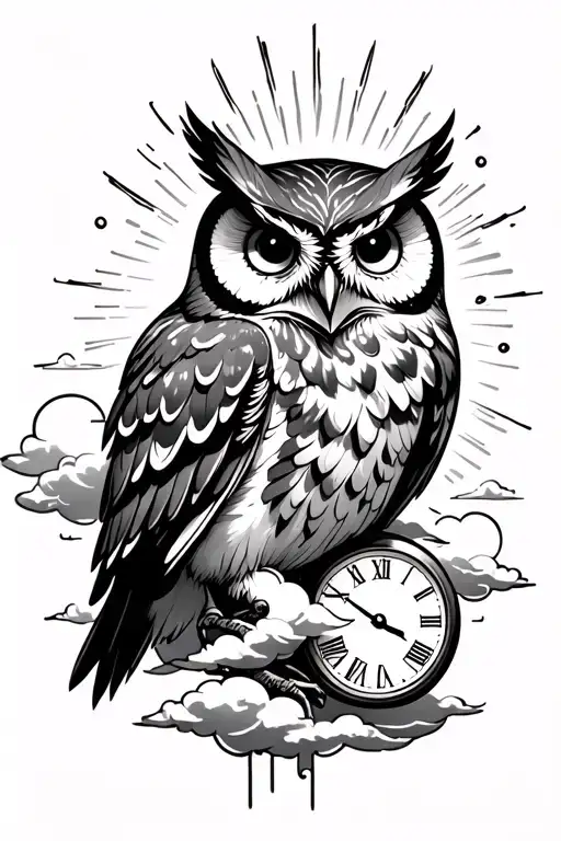 Owl With Clouds With A Clock And The Sunlight Coming Down From The Clouds