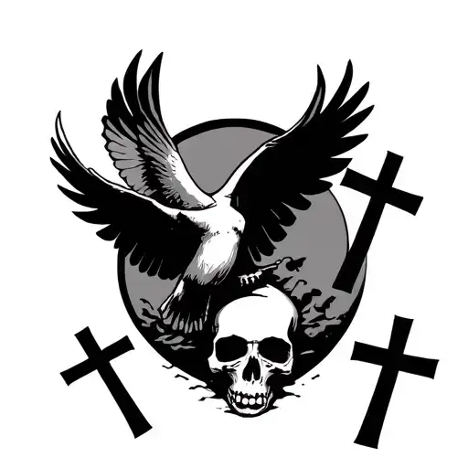 3 Crosses With A Dove Flying Overhead Crosses Are Crushing Into A Skull