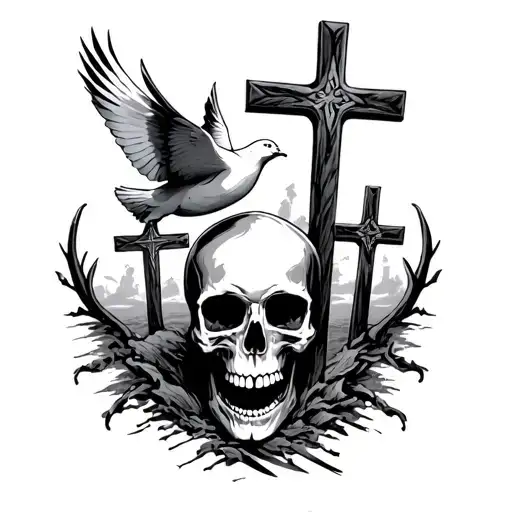 3 Crosses With A Dove Flying Overhead Crosses Are Crushing Into A Skull With Sky
