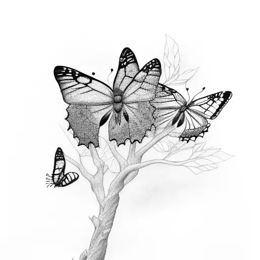 Tree And Three Butterflies