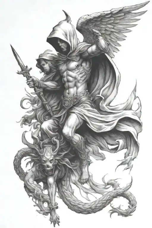 Hooded Arch Angel Defeating A Demon