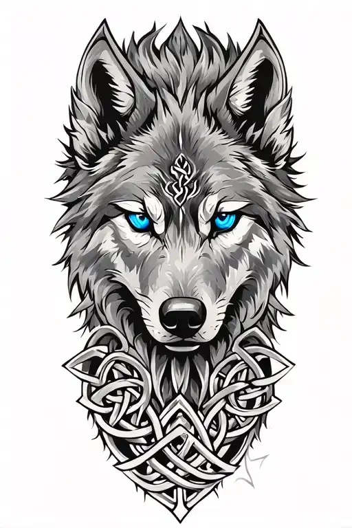 Wolf With Blue Eyes On Armor Tattoo Design Featuring Celtic Trinity Knot