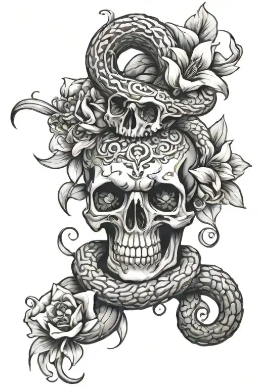 Skull Snake Flowers Intertwined