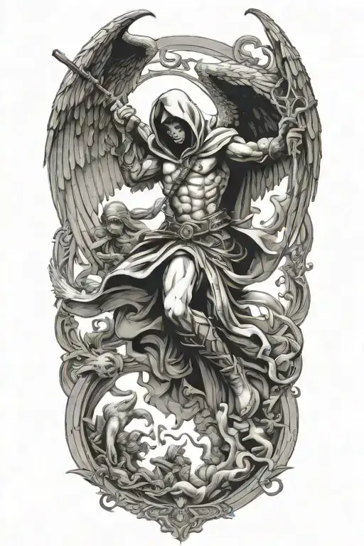 Hooded Arc Angel Flying Down To Defeating A Demon With Angels In The Background