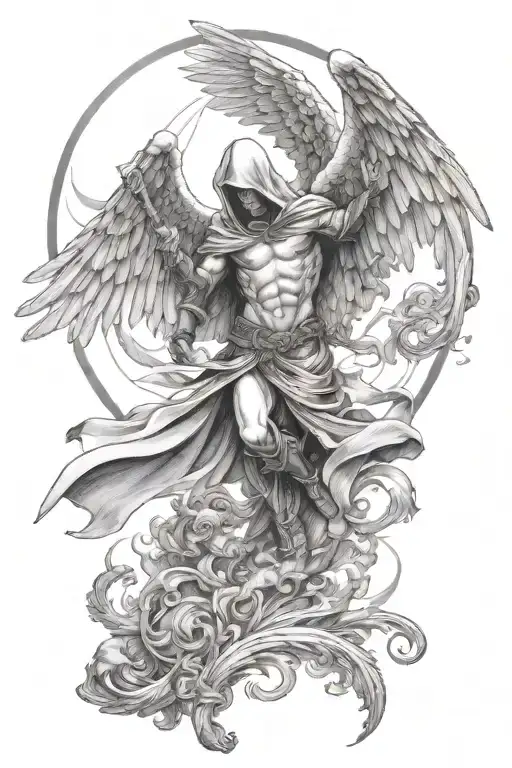 Hooded Arc Angel Flying Down To Defeat A Demon With Angels In The Background