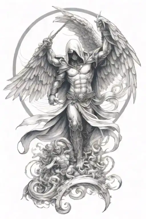 Hooded Arc Angel With Armor Flying Down To Defeat A Demon With Angels In The Background