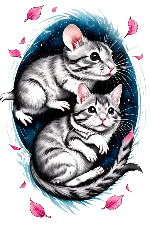 Both A Rat And A Cat Floating Towards Space With Pink Petals Floating Around Them