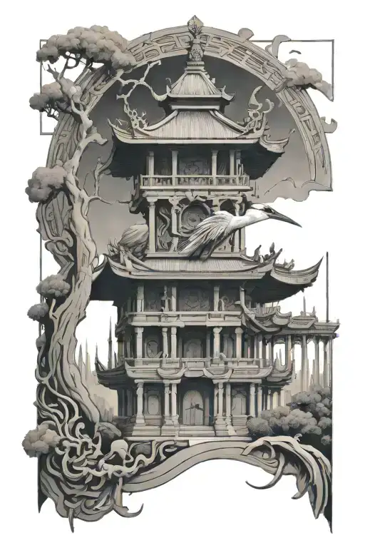 A Black And Grey Tattoo Of A Heron Temple With Spiritual Motifs Incorporated Into The Architecture