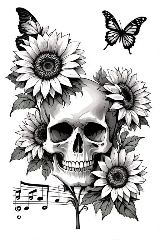 Skull With Sunflowers Music Notes Intertwined And Butterfly